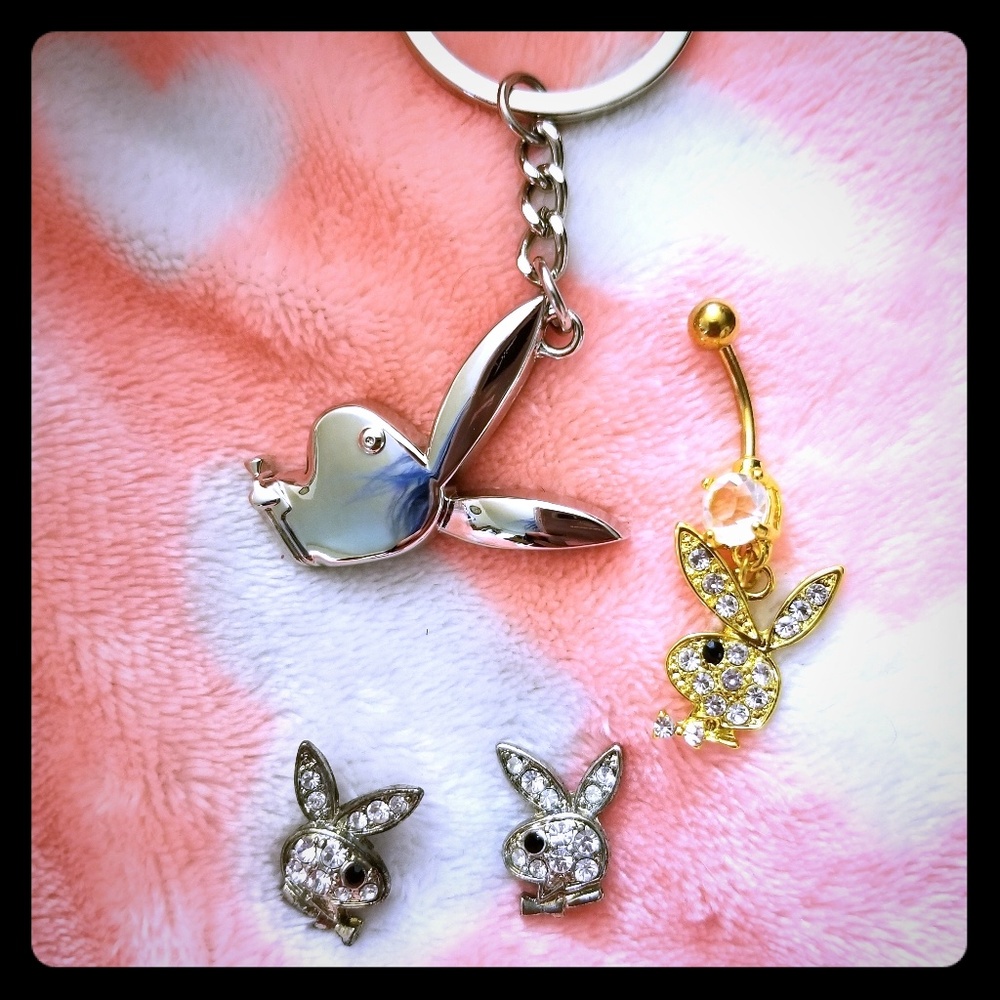Playboy bunny belly ring keychain and earrings